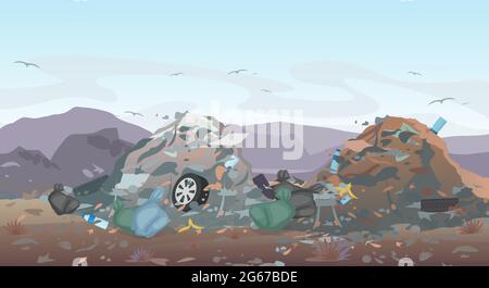 Illustration vectorielle du paysage de la décharge avec déchets. Arrière-plan de vidage de mémoire. Concept de pollution Environnement. Illustration de Vecteur