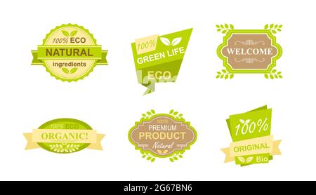 Ensemble d'autocollants et de badges pour illustrations vectorielles pour les aliments biologiques naturels, les produits frais de la ferme, le restaurant végétalien, la boutique alimentaire, la promotion des produits sains Illustration de Vecteur