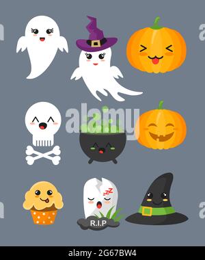 Ensemble d'illustrations vectorielles d'halloween mignons éléments, personnages et icônes pour votre conception isolé sur fond gris dans le style de dessin animé plat. Illustration de Vecteur