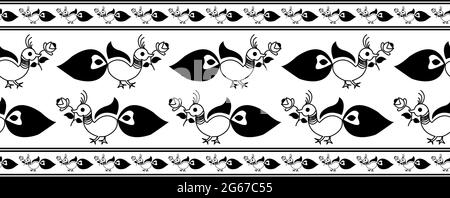 Le concept indien traditionnel de bordure en forme de saree avec paon et plumes isolés sur fond blanc est dans un motif sans couture Illustration de Vecteur