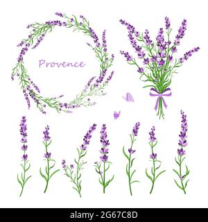 Ensemble d'illustrations vectorielles de fleurs de lavande, bouquet, couronne et éléments de design pour carte de vœux sur fond blanc dans un style rétro plat Illustration de Vecteur