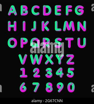 Illustration vectorielle d'une police 3D fluo souple couleur rose et verte. Alphabet isolé sur fond blanc liquide mat violet et vert Illustration de Vecteur