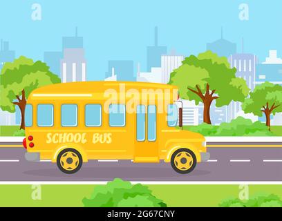 Illustration vectorielle d'un bus scolaire jaune amusant pour les enfants sur le fond moderne de la grande ville avec des bâtiments et des arbres. Autobus scolaire sur la route dans la bande dessinée Illustration de Vecteur