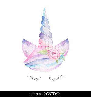 Tête unicorn aquarelle. Clipart peint à la main. Illustration fantaisie. Graphiques pour la décoration de chambre de bébé, douche de bébé, textile pour enfants. Banque D'Images