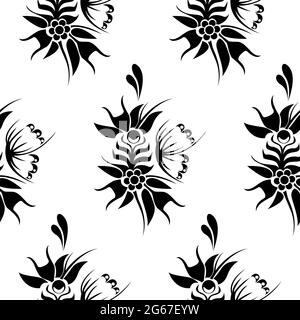 Motif fleuri sans couture avec branches fleuries abstraites avec papillons volants, feuilles, fleurs et baies. Illustration de Vecteur