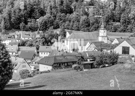 vue panoramique sur un village dans les bois faits en monochrome Banque D'Images