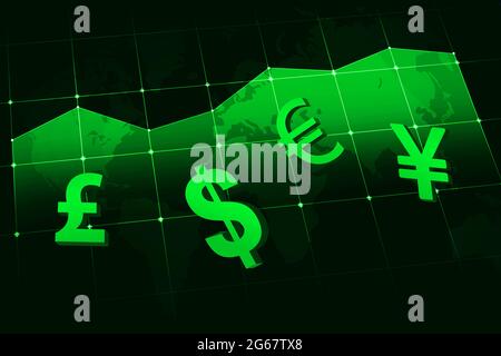 Graphique et arrière-plan du concept d'économie moderne et futuriste avec icônes de devise. Les dollars et autres devises ne sont pas en toile de fond Banque D'Images