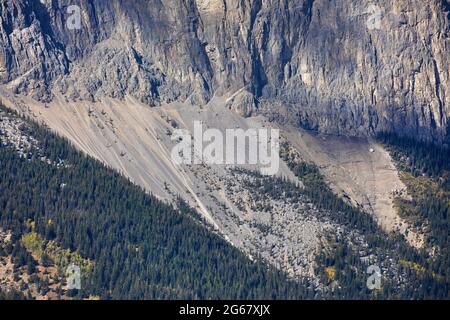 Erreur de poussée de McConnell sur le mont Yamnuska. Calcaire de la formation d'Eldon de Cambrian au-dessus de la faille, grès de la formation de Brazeau crétacé et shales au-dessous Banque D'Images