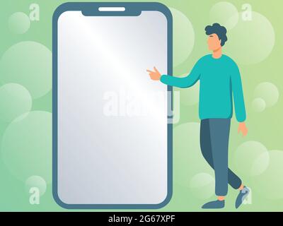 Homme dessin debout à côté D'UN grand téléphone soulignant les nouvelles technologies. Gentleman pointe ses doigts vers l'écran de l'appareil montrant la technologie fraîche. Illustration de Vecteur
