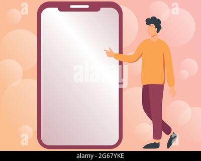 Homme dessin debout à côté D'UN grand téléphone soulignant les nouvelles technologies. Gentleman pointe ses doigts vers l'écran de l'appareil montrant la technologie fraîche. Illustration de Vecteur
