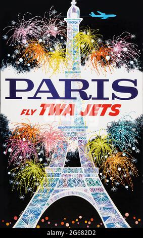 Fly TWA JETS, Paris, Poster de Voyage d'époque, TWA – Trans World Airlines. Œuvres de David Klein. années 1960. Banque D'Images