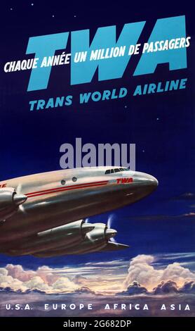 Vintage TWA Trans World Airline Travel Poster - USA Europe Afrique Asie, TWA – Trans World Airlines a fonctionné de 1930 à 2001. années 1950. Français. Banque D'Images