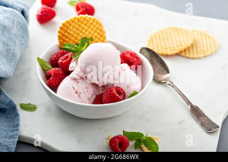Glace à la framboise dans un bol de baies fraîches Banque D'Images