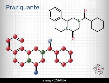 Praziquantel, PZQ, molécule. Il s'agit d'un médicament anthelmintique pour le traitement de la cysticercose, du schistosome, de la cestode et des infestations de trématode. Produit chimique squelettique Illustration de Vecteur