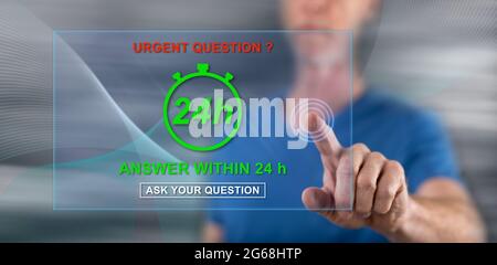 Homme touchant un concept de questions urgentes sur un écran tactile avec son doigt Banque D'Images