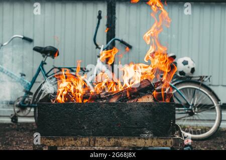 Une flamme vive du feu. Flammes sur barbecue. Bâtons de bois dans le feu Banque D'Images