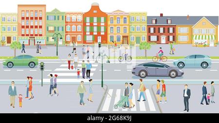 Ville avec maisons et circulation, piétons sur le trottoir - illustration Illustration de Vecteur