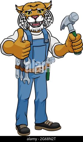 Wildcat Mascot Carpenter Handyman Holding Hammer Illustration de Vecteur