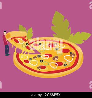 Pizza coupée, plat traditionnel italien. Dessin animé restaurant image design, cuisine originale pepperoni, homme manger avec des loisirs, partie b Illustration de Vecteur