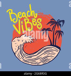 Vibes de plage. Modèle d'emblème avec vagues de mer et palmiers. Élément design pour affiche, carte, bannière, panneau, emblème. Illustration vectorielle Illustration de Vecteur