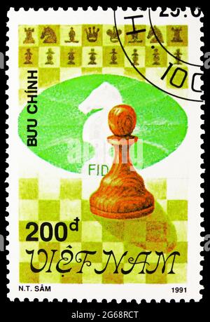 MOSCOU, RUSSIE - 16 DÉCEMBRE 2020 : timbre-poste imprimé au Vietnam montre Pawn, Chess serie, vers 1991 Banque D'Images