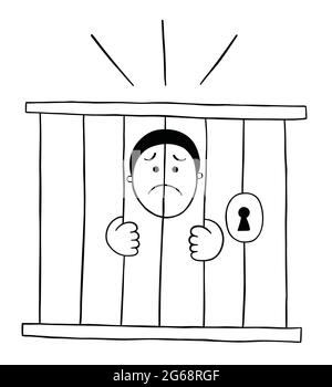 Homme de dessin animé est en prison et très triste, illustration vectorielle. Contour noir et couleur blanche. Illustration de Vecteur
