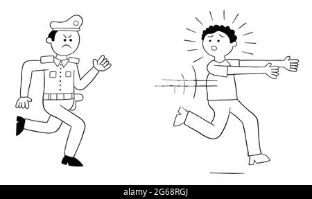 Dessin animé police chasse l'homme, illustration vectorielle. Contour noir et couleur blanche. Illustration de Vecteur