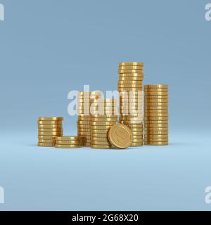 Pile de pièces en dollars d'or sur fond bleu. Avec concept de profit. rendu 3d. Banque D'Images