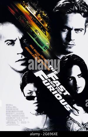 The Fast and the Furious (2001) dirigé par Rob Cohen et mettant en vedette vin Diesel, Paul Walker et Michelle Rodriguez. Un bureau de police a envoyé une découverte pour rejoindre un équipage de courses de rue mais tombe amoureux de la culture et de la sœur des principaux suspects. Banque D'Images