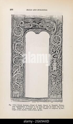 L'architecture Viking a décoré des salles et des portes sculptées dans le livre « The viking Age: The Early History, Manners, and Customs of the ancêtres of the English-Speaking nations » Volume 2 par du Chaillu, Paul B. (Paul Belloni), publié à New York par les fils de C. Scribner en 1890 Banque D'Images