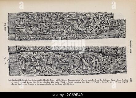 L'architecture Viking a décoré des salles et des portes sculptées dans le livre « The viking Age: The Early History, Manners, and Customs of the ancêtres of the English-Speaking nations » Volume 2 par du Chaillu, Paul B. (Paul Belloni), publié à New York par les fils de C. Scribner en 1890 Banque D'Images