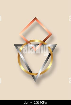 Géométrie sacrée, triangle géométrique métallique, logo cercle et carré. Symbole or, bronze et argent de l'harmonie et de l'équilibre. Vecteur isolé Illustration de Vecteur