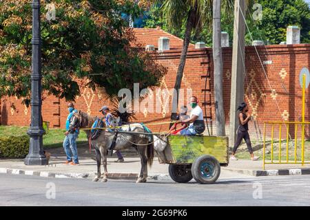 Cubains vrais portant des masques protecteurs à Santiago de Cuba, Cuba. Un homme conduit une voiturette dans la zone urbaine. Banque D'Images