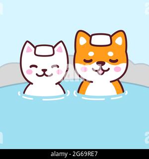 Mignon chat et chien de dessin animé dans la source chaude japonaise Onsen. Dessin de couple de kawaii, illustration de vecteur drôle. Illustration de Vecteur