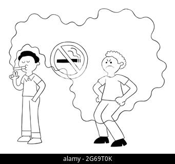 Un homme de dessin animé fume dans un endroit non fumeur et un homme derrière est gêné par la fumée de cigarette, illustration vectorielle. Contour noir et couleur blanche. Illustration de Vecteur
