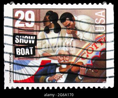 MOSCOU, RUSSIE - 18 AVRIL 2020 : timbre-poste imprimé aux États-Unis montre Showboat, série American Music Series, vers 1993 Banque D'Images