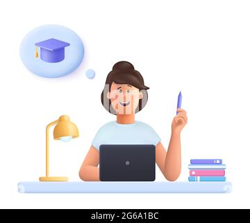 Jeune femme Jane assis à un bureau dans un ordinateur portable, tenant un crayon, faisant des travaux, pensant la remise des diplômes. Formation en ligne, concept d'étude en ligne. 3d v Illustration de Vecteur