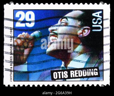 MOSCOU, RUSSIE - 18 AVRIL 2020: Timbre-poste imprimé aux États-Unis montre Otis Redding, American Music série, vers 1993 Banque D'Images