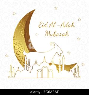 Célébration d'Eid al- Adah sur fond doré et blanc. Lune de couleur dorée. Chèvre et mosquée en forme de contour d'or. Illustration de Vecteur