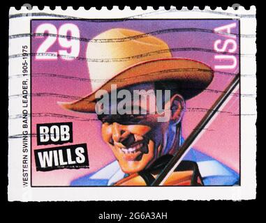 MOSCOU, RUSSIE - 18 AVRIL 2020 : le timbre-poste imprimé aux États-Unis montre Bob Wills, série de musique américaine, vers 1993 Banque D'Images