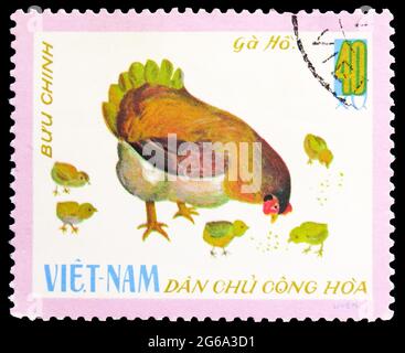 MOSCOU, RUSSIE - 18 AVRIL 2020 : le timbre-poste imprimé au Vietnam montre Ho Chicken (Gallus gallus domesticus), série de volailles domestiques, vers 1968 Banque D'Images