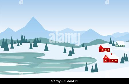 Illustration vectorielle d'un magnifique paysage d'hiver avec des maisons rouges sur le fond des montagnes et du lac dans un style de dessin animé plat. Illustration de Vecteur