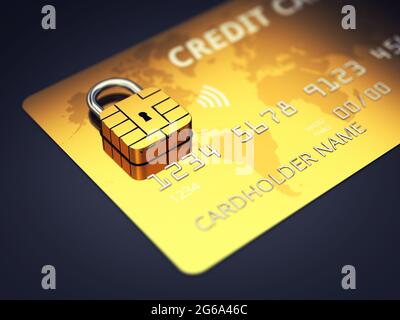 Carte de crédit sans contact or avec puce de sécurité pour cadenas sur fond noir. Sécurité de paiement NFC sans contact. Banque D'Images