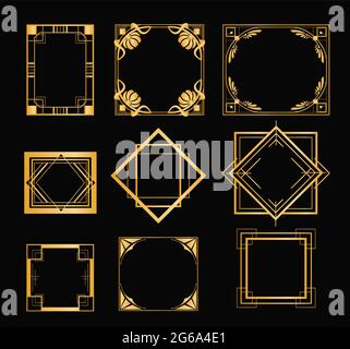 Ensemble d'illustrations vectorielles de cadres art déco de couleur dorée. Éléments vintage dans le style des années 1920 pour votre design sur fond noir. Illustration de Vecteur