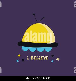 Soucoupe volante. OVNI. Illustration vectorielle à imprimé coloré dessinée à la main. Journée mondiale des OVNIS Illustration de Vecteur