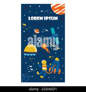 Espace de fond pour les histoires de médias sociaux. Bannière bleue avec éléments de l'univers. Planètes, étoiles et voie laiteuse, soucoupe volante, télescope et U. Illustration de Vecteur