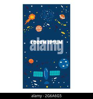 Espace de fond pour les histoires de médias sociaux. Bannière bleue avec éléments de l'univers. Planètes, astéroïdes, étoiles et voie laiteuse, satellite. Décor coloré Illustration de Vecteur