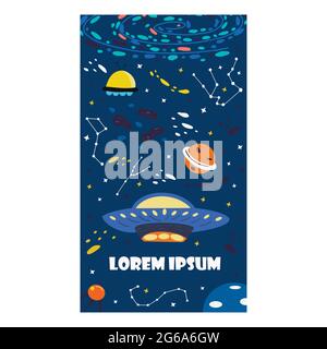 Espace de fond pour les histoires de médias sociaux. Bannière bleue avec éléments de l'univers. Planètes et constellation, étoiles et voie laiteuse, sauce volante Illustration de Vecteur