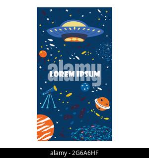 Espace de fond pour les histoires de médias sociaux. Bannière bleue avec éléments de l'univers. Planètes, étoiles et voie laiteuse, soucoupe volante, télescope et U. Illustration de Vecteur