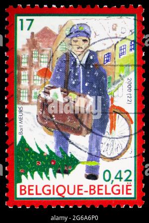 MOSCOU, RUSSIE - 18 AVRIL 2020: Timbre-poste imprimé en Belgique montre Postman, série de Noël et du nouvel an, vers 2000 Banque D'Images